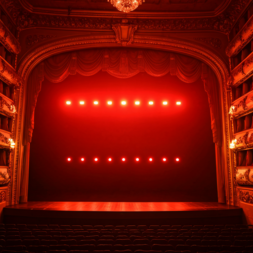 Grand opera stage illuminated in dramatic moody red and gold lighting